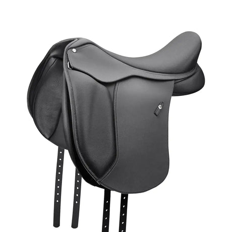 Black leather wintec 500 pony dressage saddle with supportive seat super-soft panels and silver hardware accents