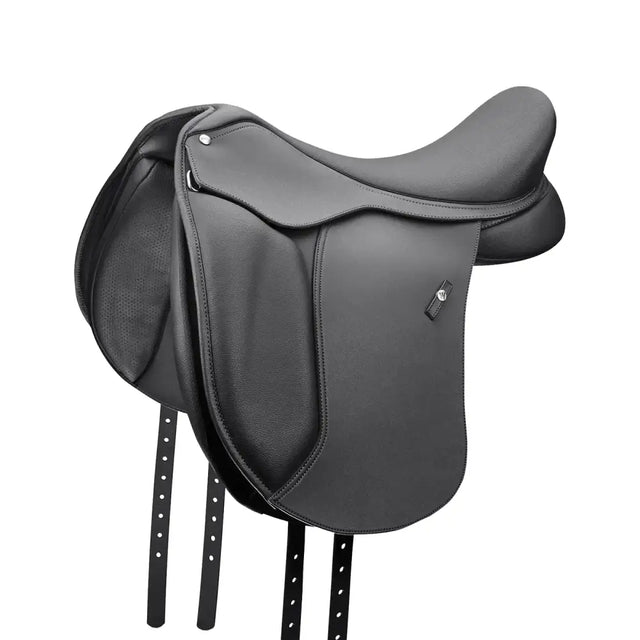 Black leather wintec 500 pony dressage saddle with supportive seat super-soft panels and silver hardware accents