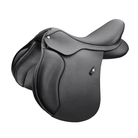 Black leather wintec saddle with smooth contoured design and stirrup keeper for quality all purpose riding
