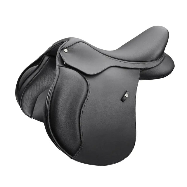 Black leather wintec saddle with smooth contoured design and stirrup keeper for quality all purpose riding