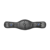 Black leather wintec anatomic girth pad with silver buckles and blue logos designed for horse comfort and support