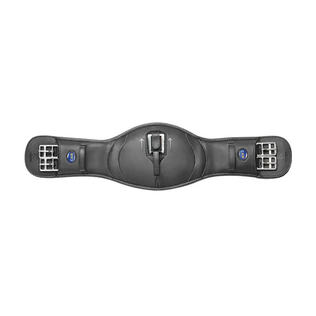 Black leather wintec anatomic girth pad with silver buckles and blue logos designed for horse comfort and support