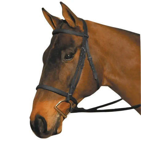 Black leather wintec bridle with durable equi-leather and brass buckle featuring leather-look finish