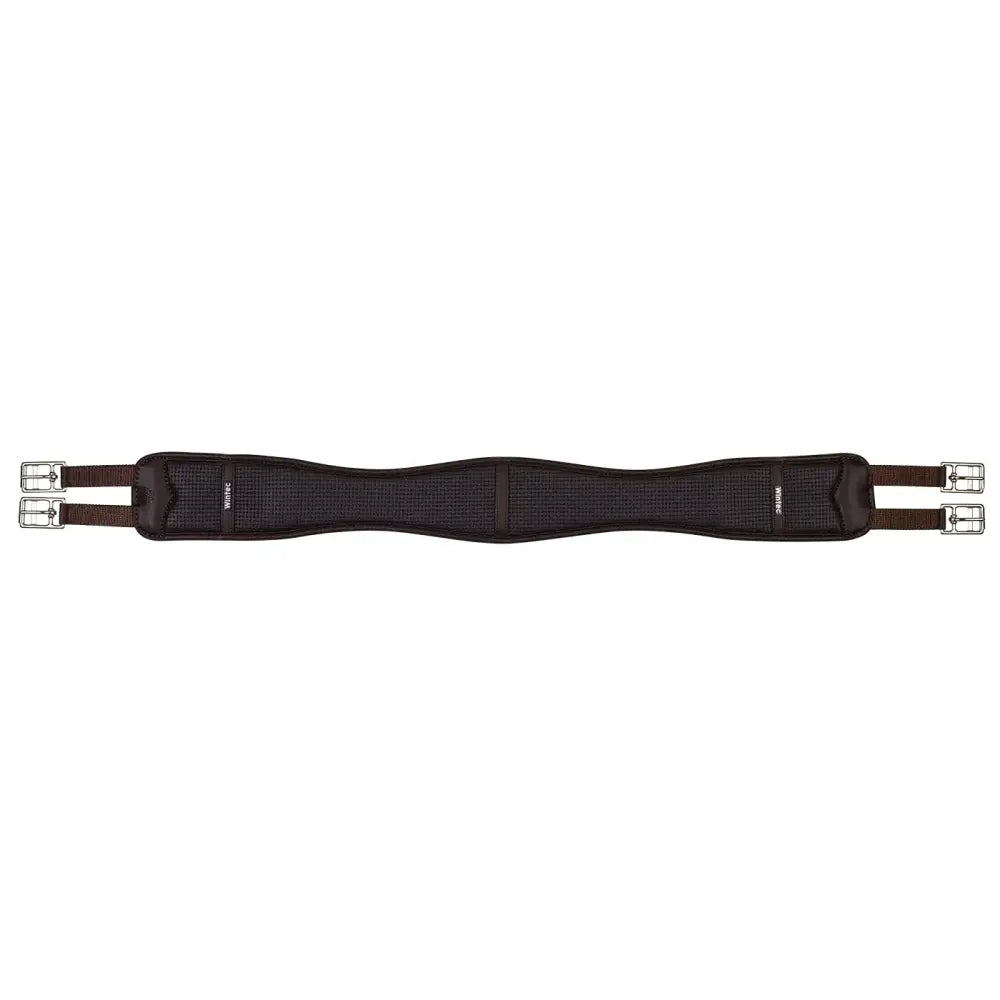 Black leather wintec chafeless elastic girth with fully elastic centre and silver buckles featuring curved shaping reduces rubs