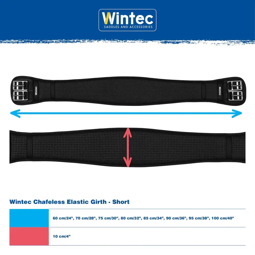 Black wintec chafeless elastic girth with fully elastic centre, textured mesh, curved shaping reduces chafing, silver buckles