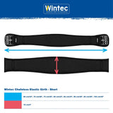 Black wintec chafeless elastic girth with fully elastic centre, textured mesh, curved shaping reduces chafing, silver buckles