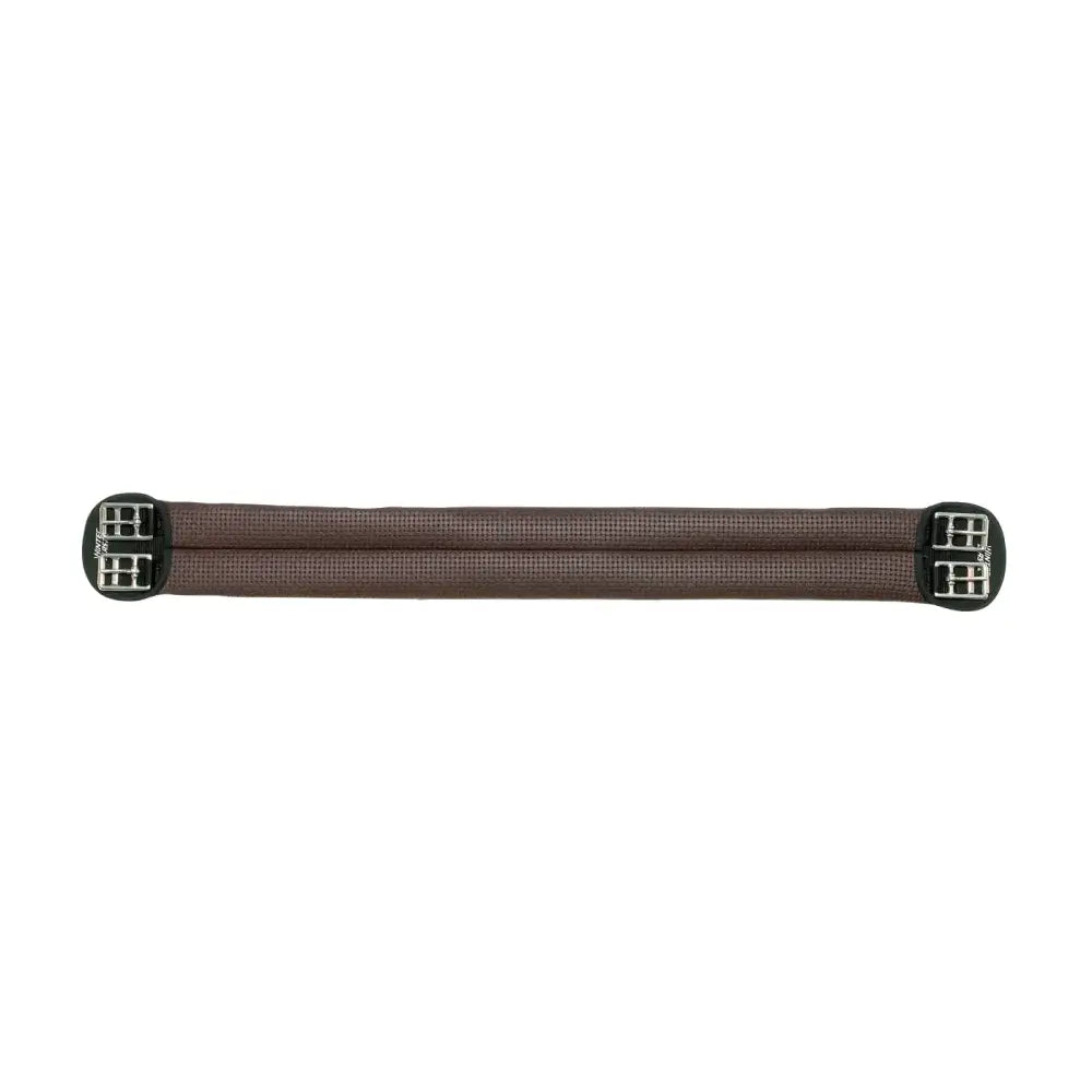 Brown leather saddle pad with black metal buckles paired with wintec elastic girth featuring anti-galling design
