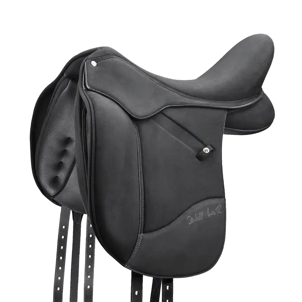 Black leather wintec isabell dressage saddle with stitched detailing and subtle brand logo on the side