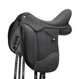 Black leather wintec isabell dressage saddle with stitched detailing and subtle brand logo on the side
