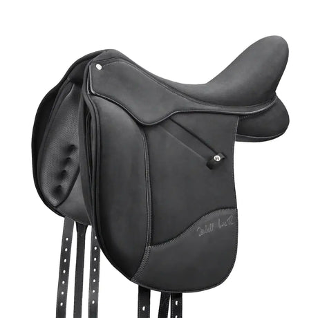Black leather wintec isabell dressage saddle with stitched detailing and subtle brand logo on the side