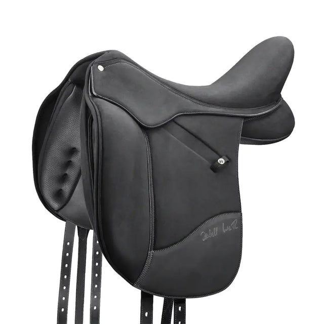 Black leather wintec isabell dressage saddle with stitched detailing and subtle brand logo on the side