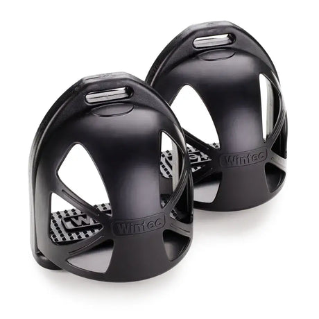 Black wintec kids cage stirrups with glossy finish and breathable design for ultimate safety stirrup use