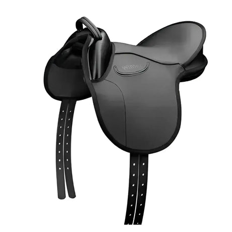 Black leather wintec kids saddle with stitched detailing and subtle brand logo offers a supportive seat for young riders