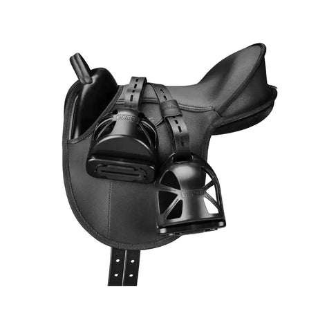 Black leather wintec kids saddle with matching black metal cage stirrups in a sturdy saddle pack design