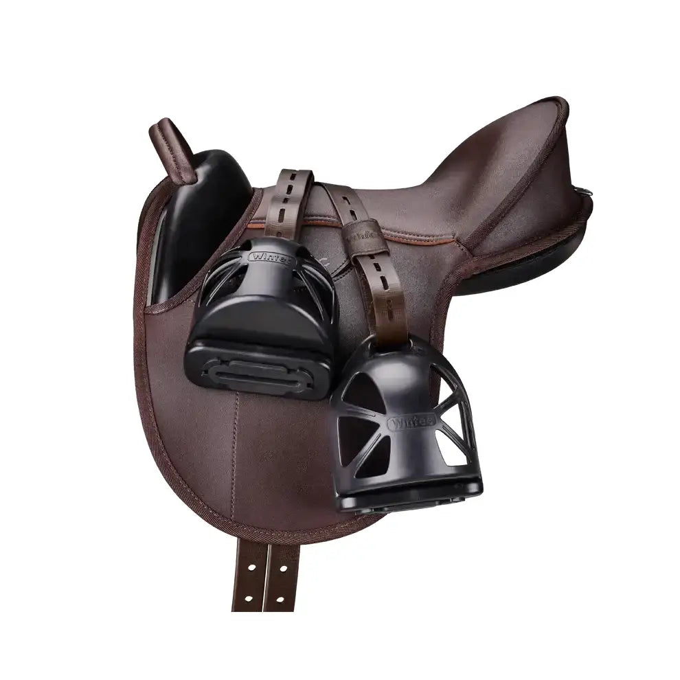 Brown leather wintec kids saddle pack with black cage stirrups and sleek modern design featuring wincraft logo