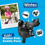 Black wintec kids saddle pack with adjustable straps and safety cage stirrups for comfortable riding