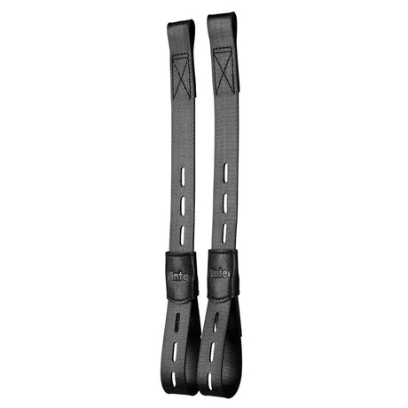 Gray fabric straps with reinforced stitching and leather-like buckle showing intec brand on wintec kids webbers synthetic stirrup
