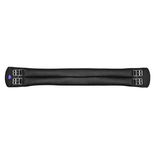 Black wintec miracle girth with textured woven surface and silver buckles designed to dramatically improve pressure distribution