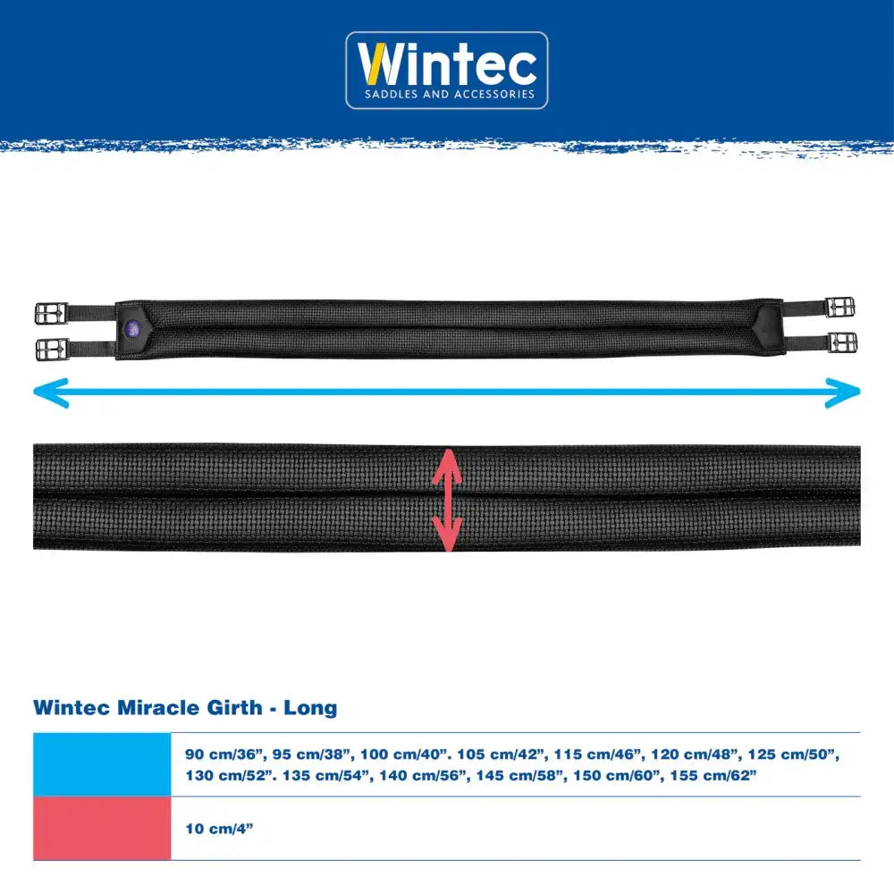Black wintec miracle girth with textured fabric surface and metal buckles designed to dramatically improve pressure distribution
