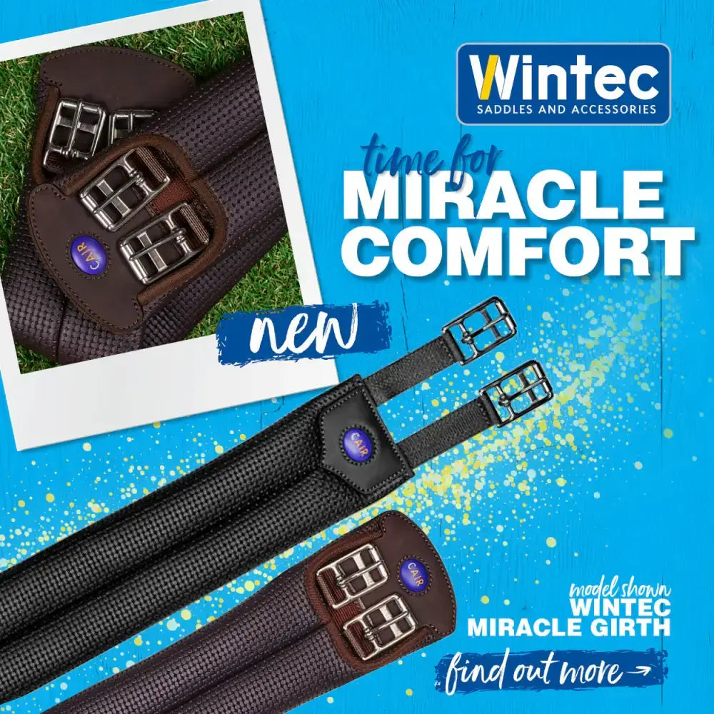 Black and brown wintec miracle girth short with silver buckles and woven design for scientifically proven horse comfort