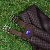 Brown woven leather wintec miracle girth short with silver buckles and purple logo patch for scientifically proven horse comfort