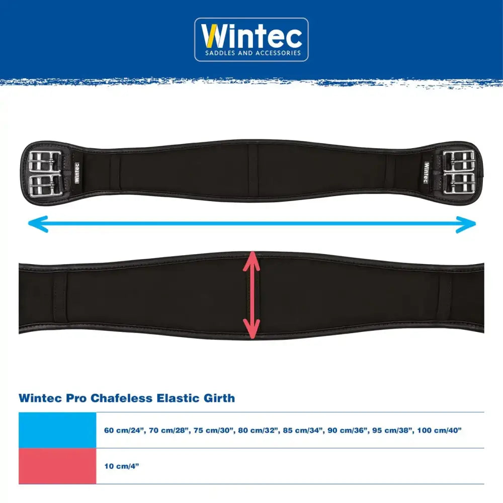 Black wintec pro chafeless elastic girth with silver metal buckles and smooth elastic design for equestrian use
