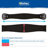Black wintec pro chafeless elastic girth with silver metal buckles and smooth elastic design for equestrian use