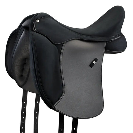 Black and dark gray wintec pro dressage saddle with smooth leather finish and deep seat super soft panels
