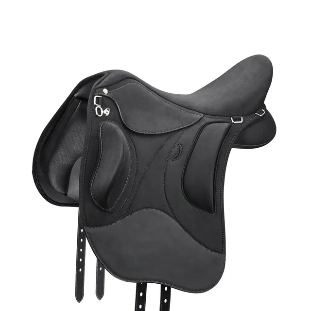Black leather wintec pro endurance dressage saddle with sleek contoured design and silver hardware