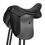 Black leather wintec pro pony dressage saddle with deep seat and minimalist stitching for dressage use