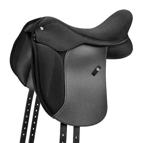 Black leather wintec pro pony dressage saddle with deep seat and minimalist stitching for dressage use