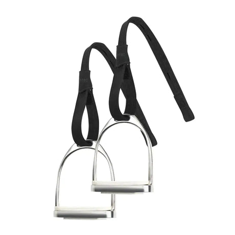 Silver horse stirrups with black leather wintec pro webbers straps featuring revolutionary stirrup strap shortest hole