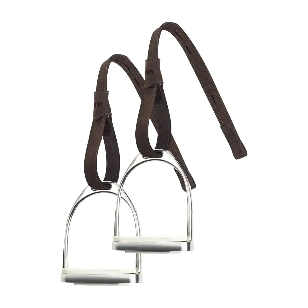 Silver wintec pro webbers horse riding stirrups with dark brown leather revolutionary stirrup strap shortest hole