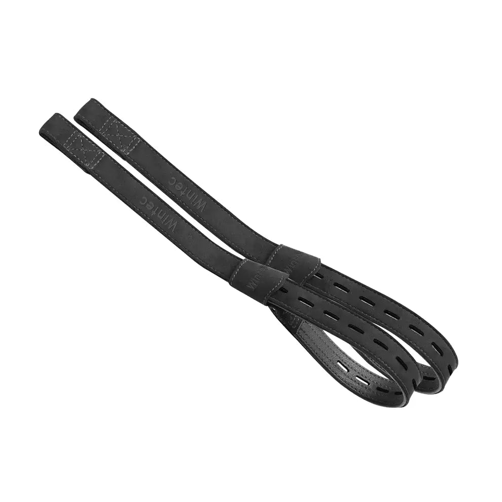 Black leather guitar strap with reinforced stitching and perforated comfort sections wintec pro webbers shortest hole