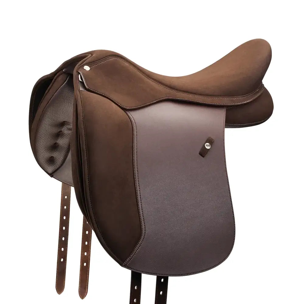 Brown leather wintec pro wide dressage saddle with deep seat total comfort and super-soft panels with stitched detailing