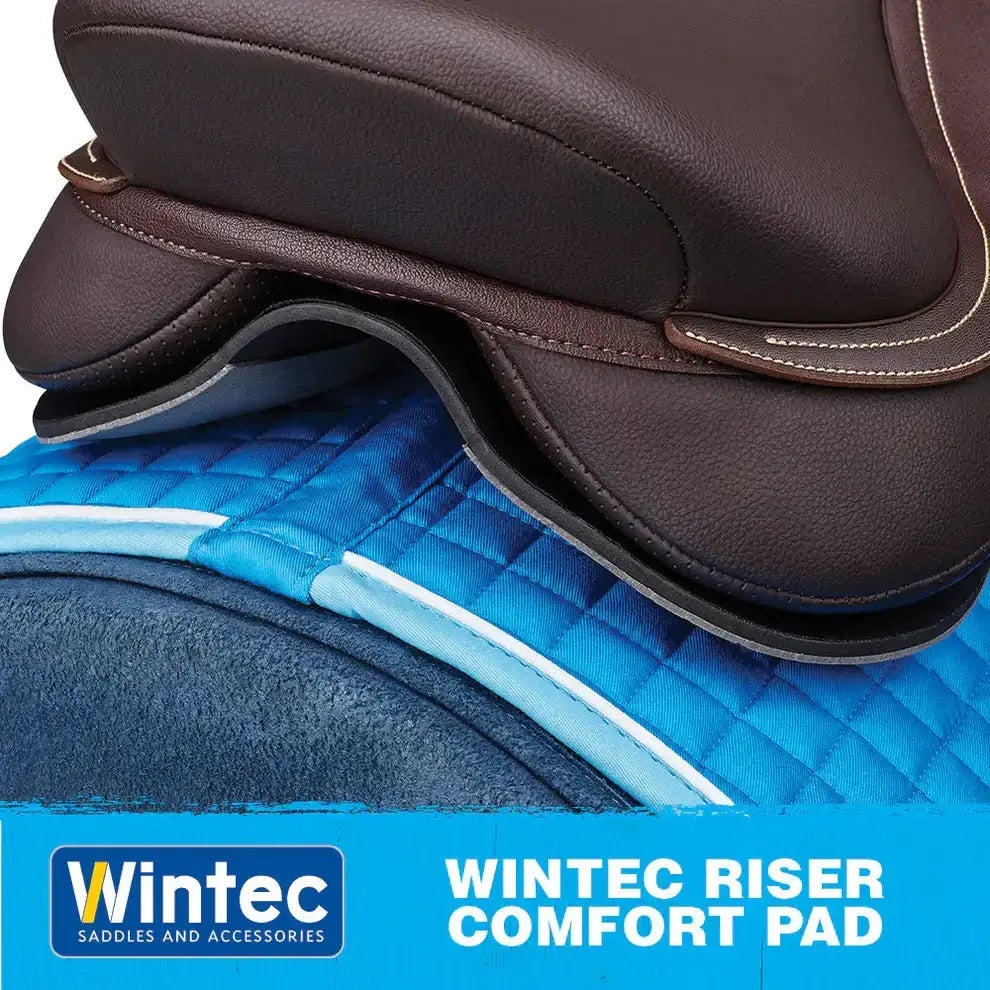 Brown leather riser comfort pad jump saddle with stitched detailing on a blue wintec riser comfort quilted pad