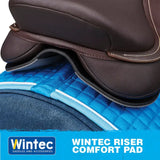 Brown leather riser comfort pad jump saddle with stitched detailing on a blue wintec riser comfort quilted pad