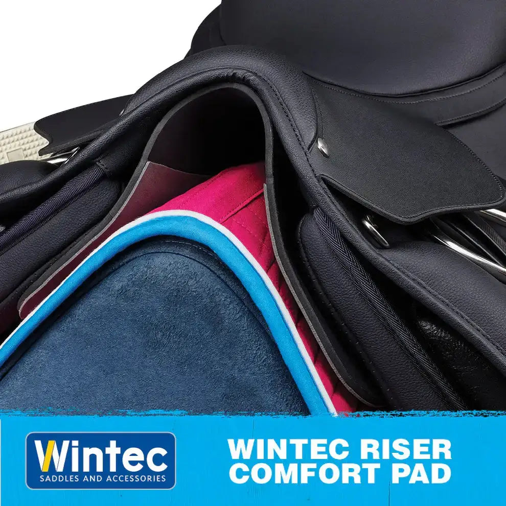 Black leather wintec riser comfort pad jump saddle with colorful quilted navy blue pink and teal layers