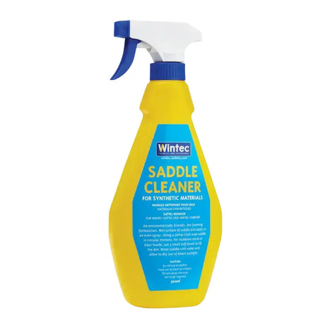 Yellow plastic wintec saddle cleaner spray bottle with blue trigger for synthetic materials saddle care