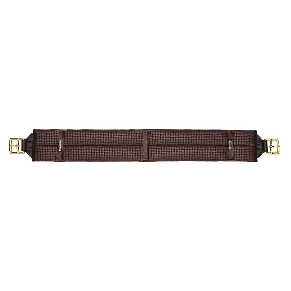 Brown woven wintec stock girth with gold-toned metal buckles designed for secure horse saddle fit
