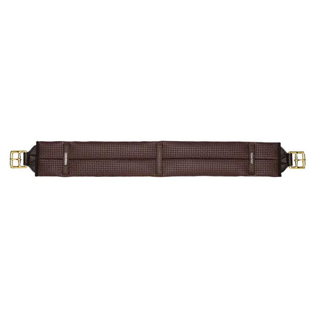 Brown woven wintec stock girth with gold-toned metal buckles designed for secure horse saddle fit