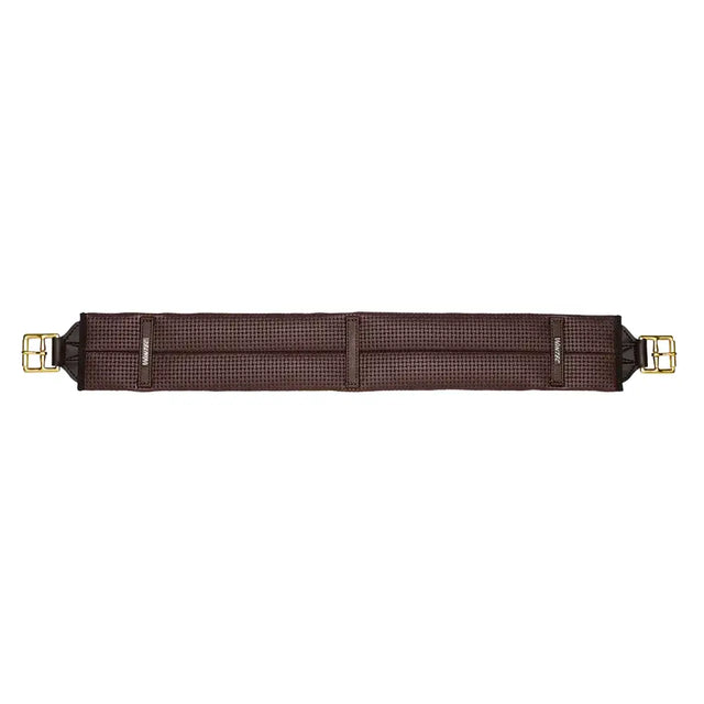 Brown woven wintec stock girth with gold-toned metal buckles designed for secure horse saddle fit