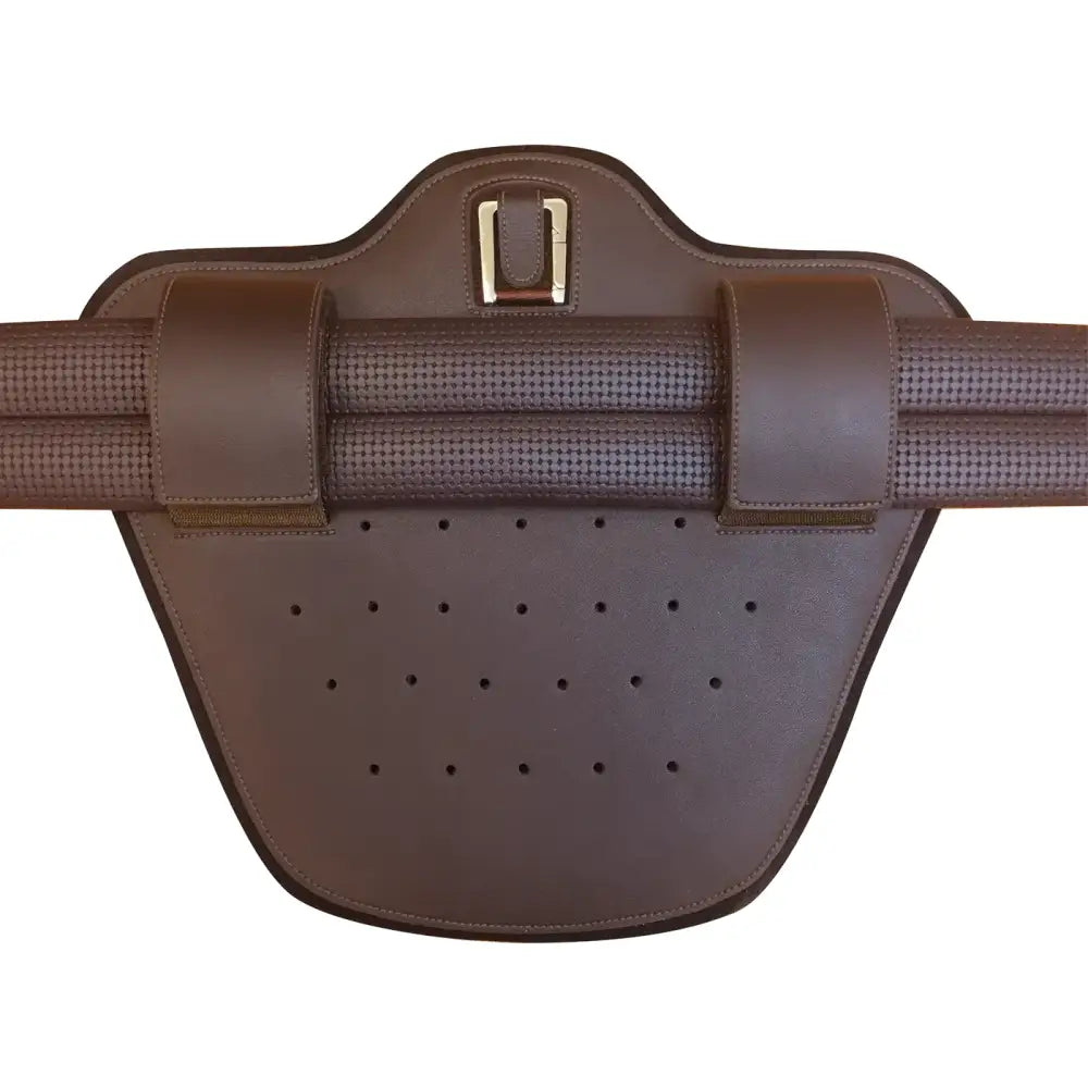Brown leather wintec stud girth attachment with textured perforated design and flexible metallic buckle girth attachment