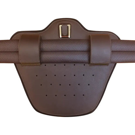 Brown leather wintec stud girth attachment with textured perforated design and flexible metallic buckle girth attachment