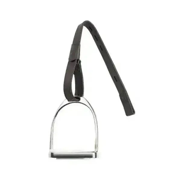 Black leather strap attached to shiny silver metal stirrup showing wintec webbers revolutionary stirrup strap made design