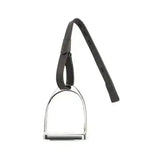 Black leather strap attached to shiny silver metal stirrup showing wintec webbers revolutionary stirrup strap made design