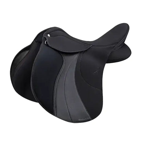 Black winteclite all purpose saddle with sleek contoured design gray accent panels and super soft panels for light tack