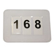 White leatherette woof wear dressage number holder showing digit dressage number 168 in 3 digit style