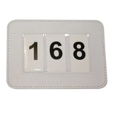 White leatherette woof wear dressage number holder showing digit dressage number 168 in 3 digit style