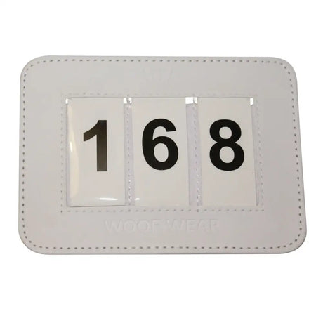 White leatherette woof wear dressage number holder showing digit dressage number 168 in 3 digit style
